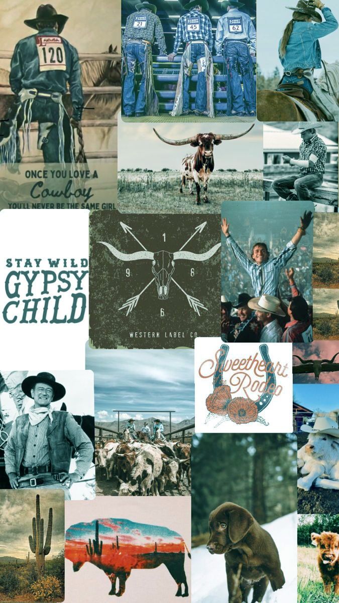A collage of western themed images including cowboys, cattle, and cacti. - Western