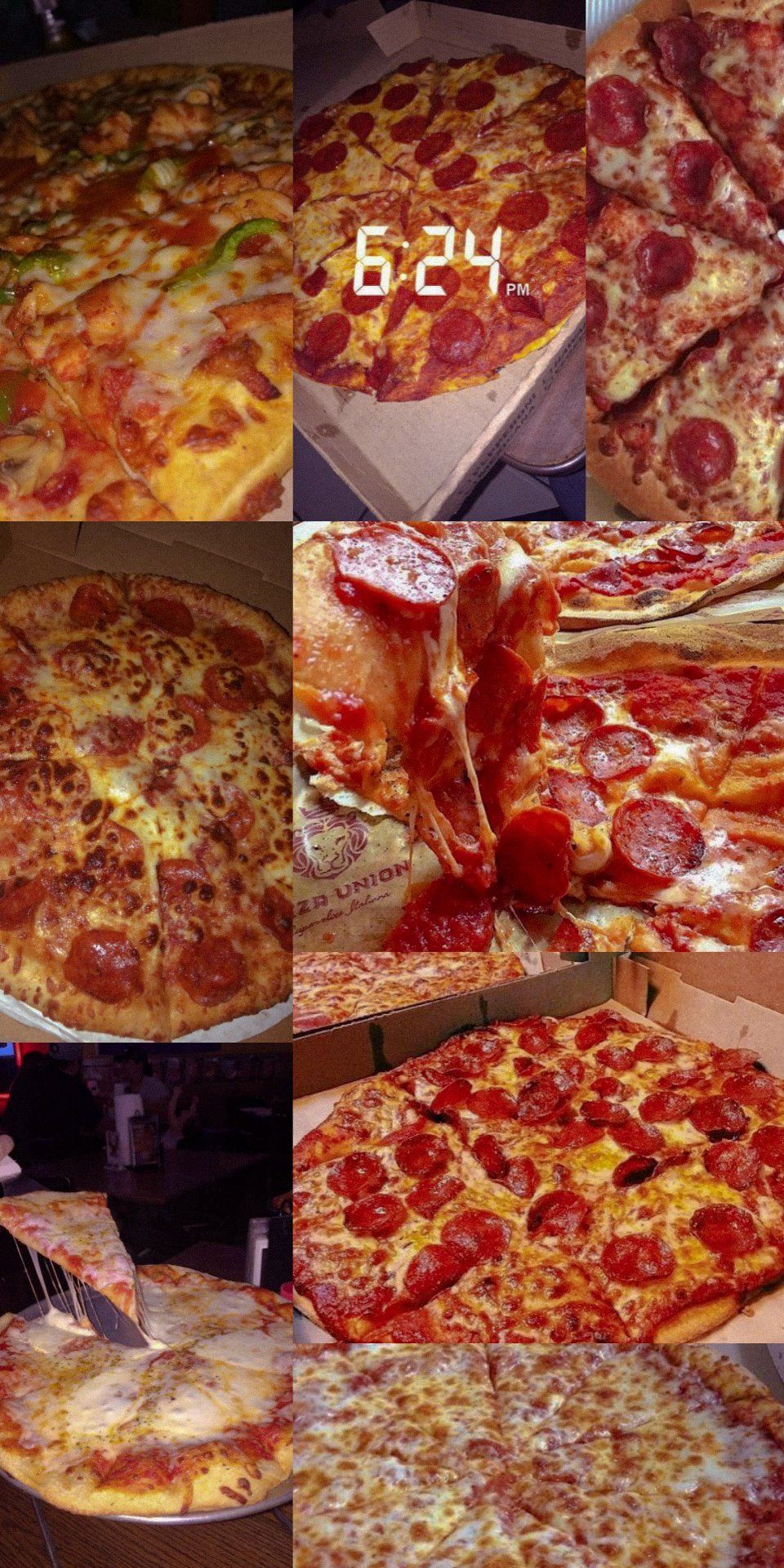 A collage of pepperoni pizzas with a clock at 6:24. - Pizza