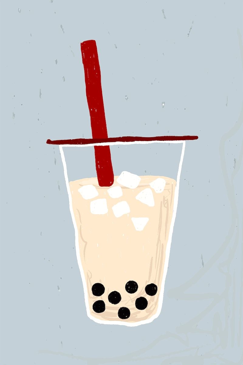 A graphic of a glass of bubble tea with ice and a red straw. - Boba