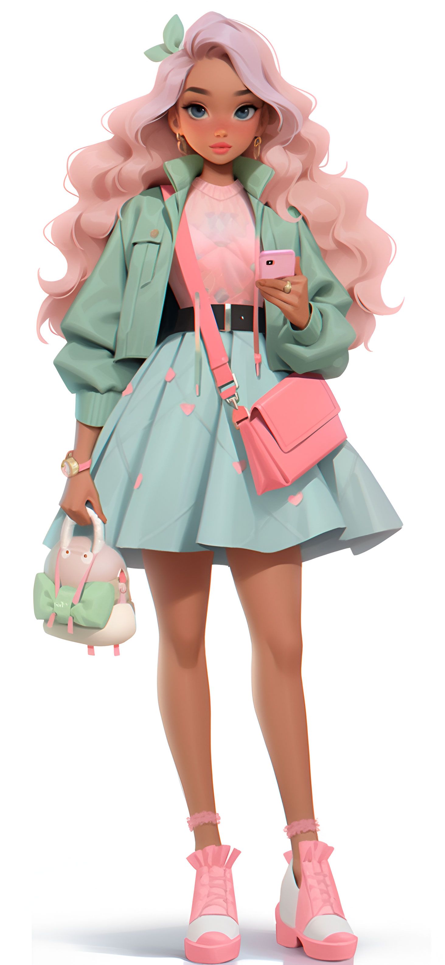 A character with pink hair, wearing a pink and mint outfit and holding a phone and a backpack. - Barbie