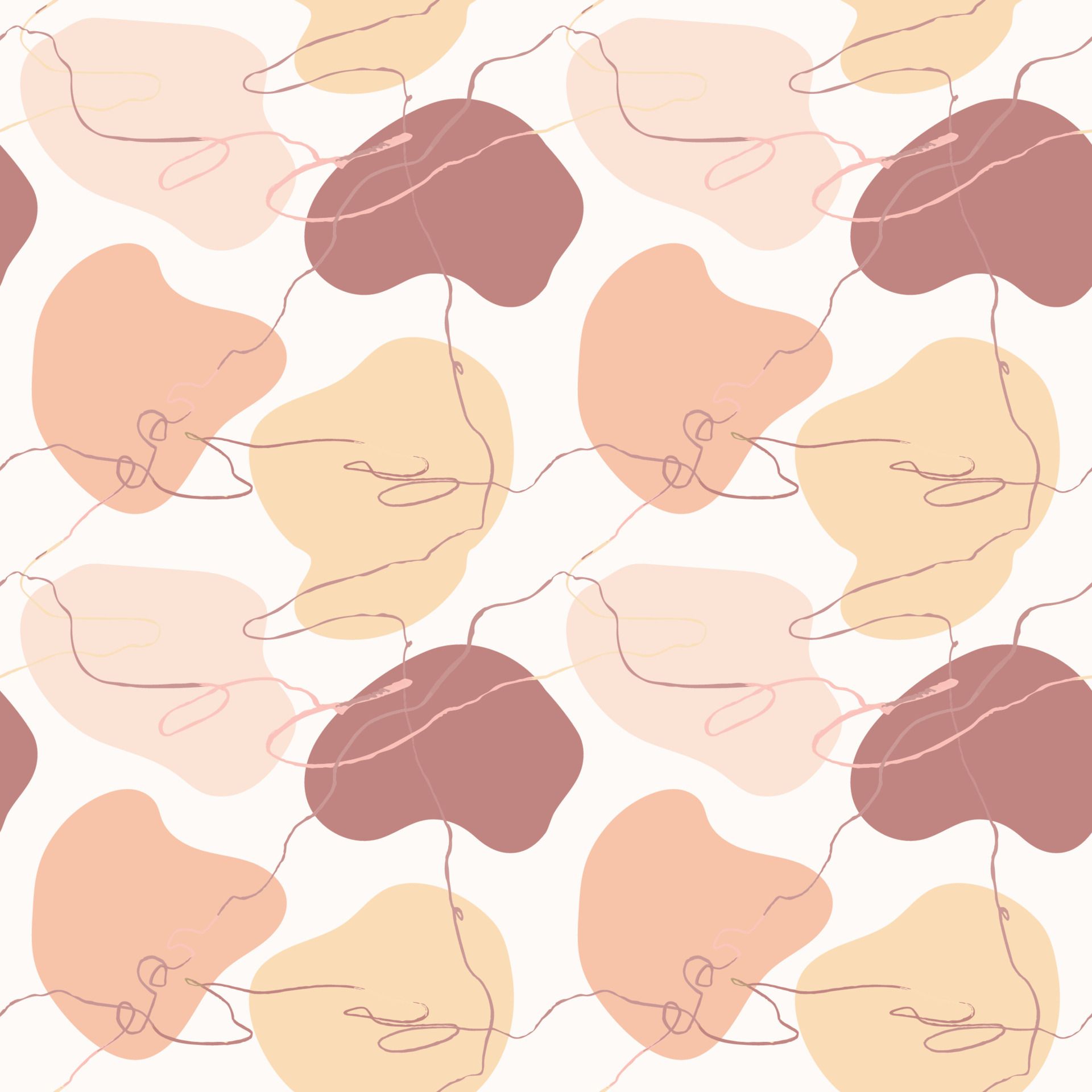 A pattern of abstract shapes in pink, brown and cream on a white background - Doodles