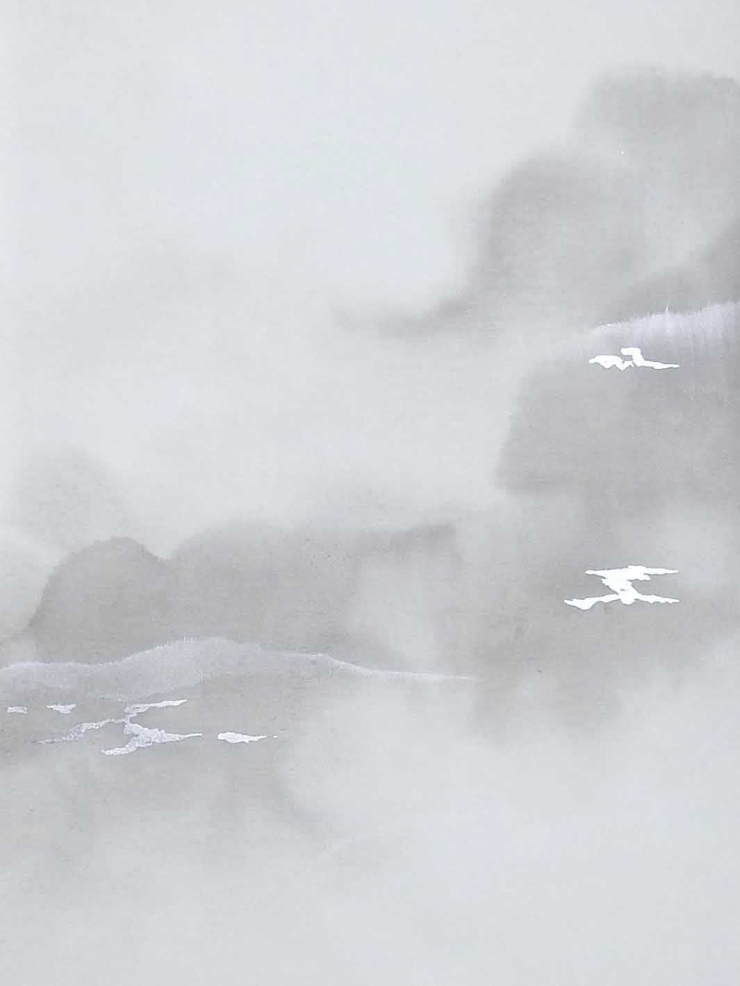 A grey watercolour wash with white ink birds flying over the top - Fog