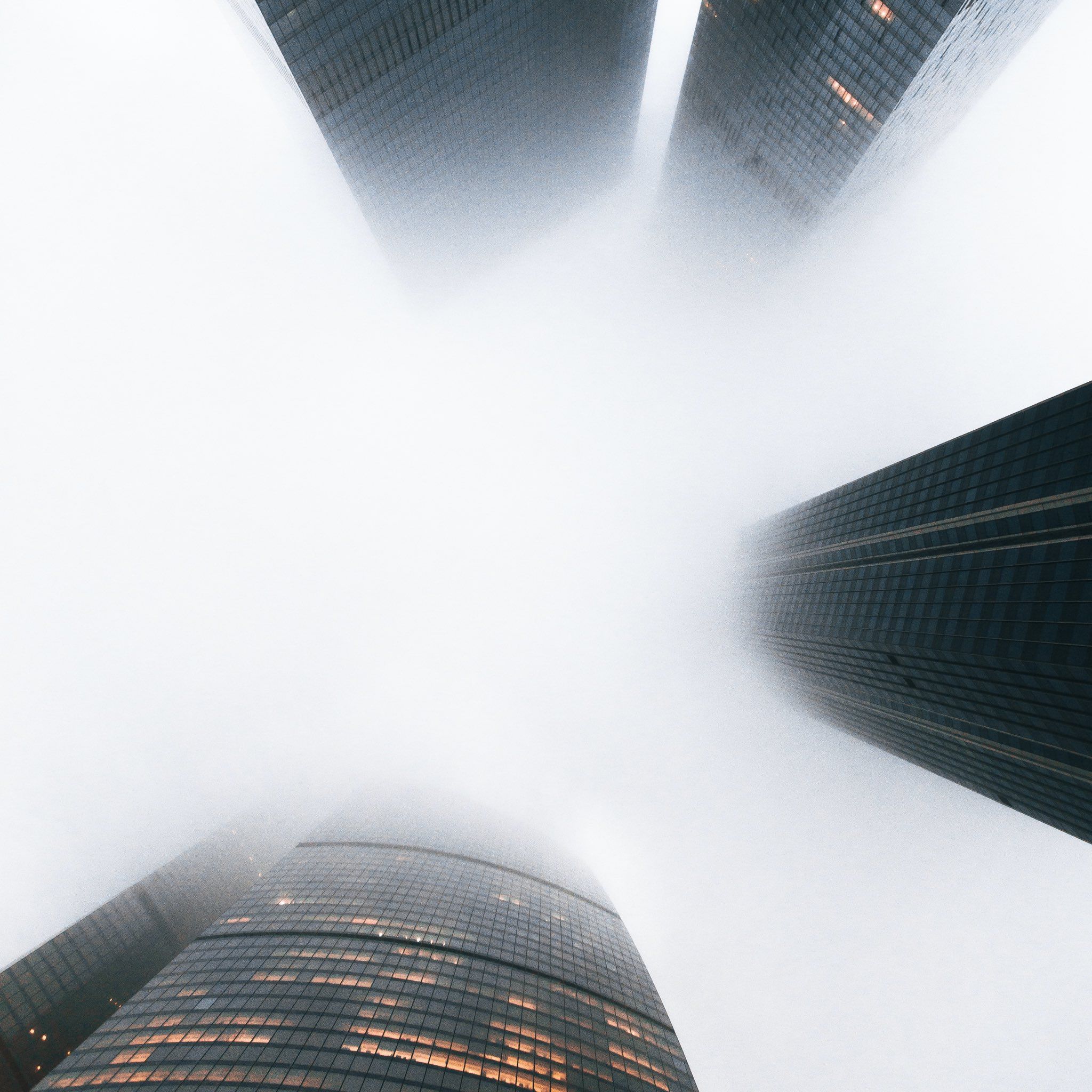 A view of skyscrapers in the fog from the ground - Fog