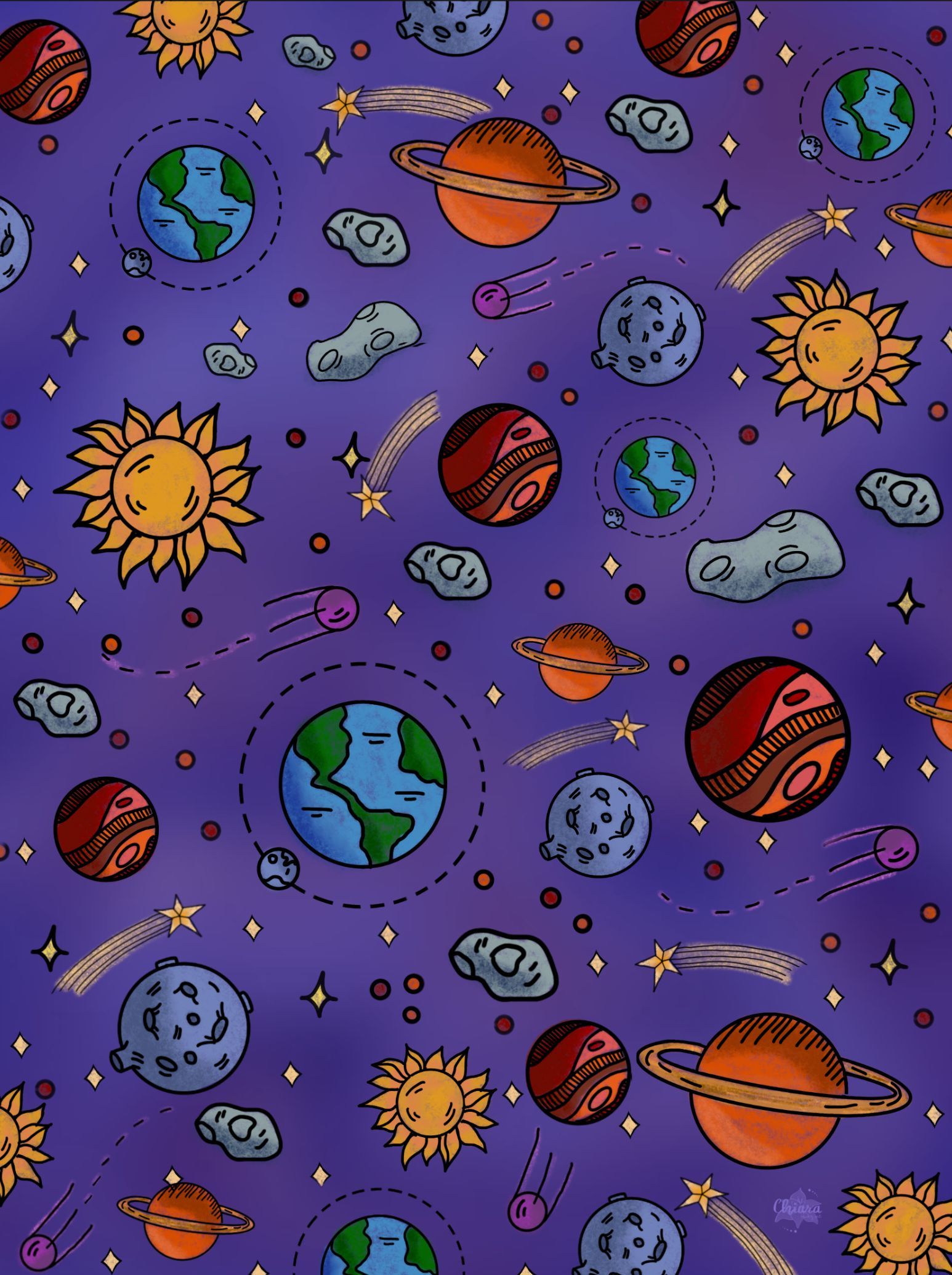Planets and suns on a purple background - Doodles