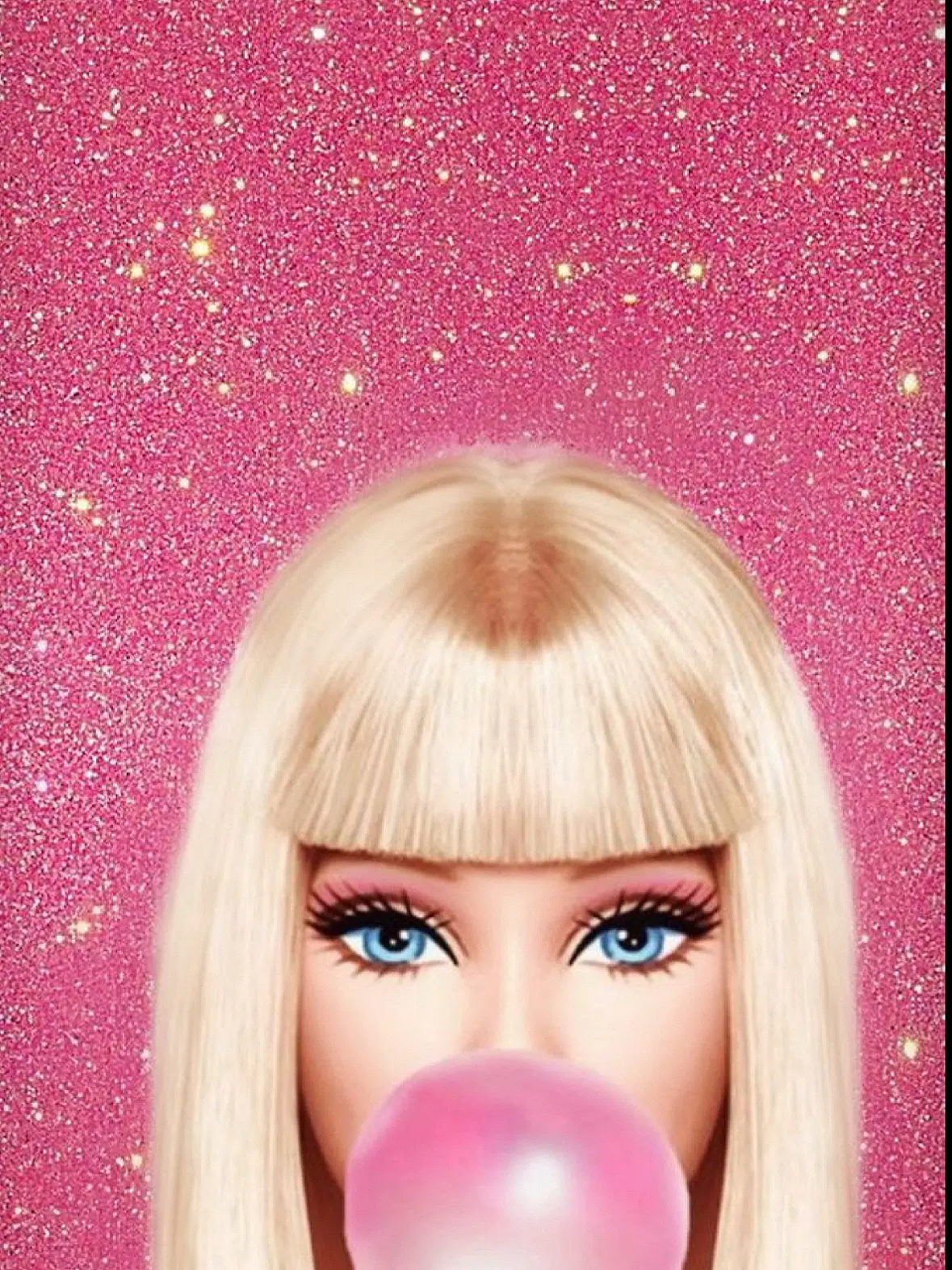 Barbie blowing a bubble gum on a pink background - Barbie