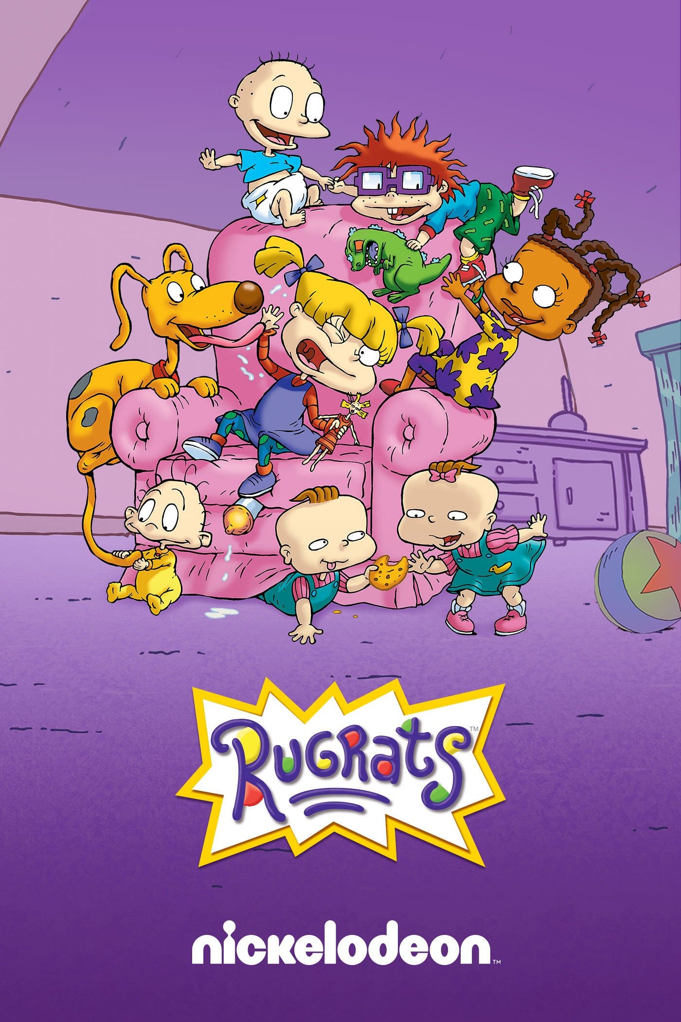 A poster for the TV show Rugrats, with the main characters sitting on a couch. - Rugrats