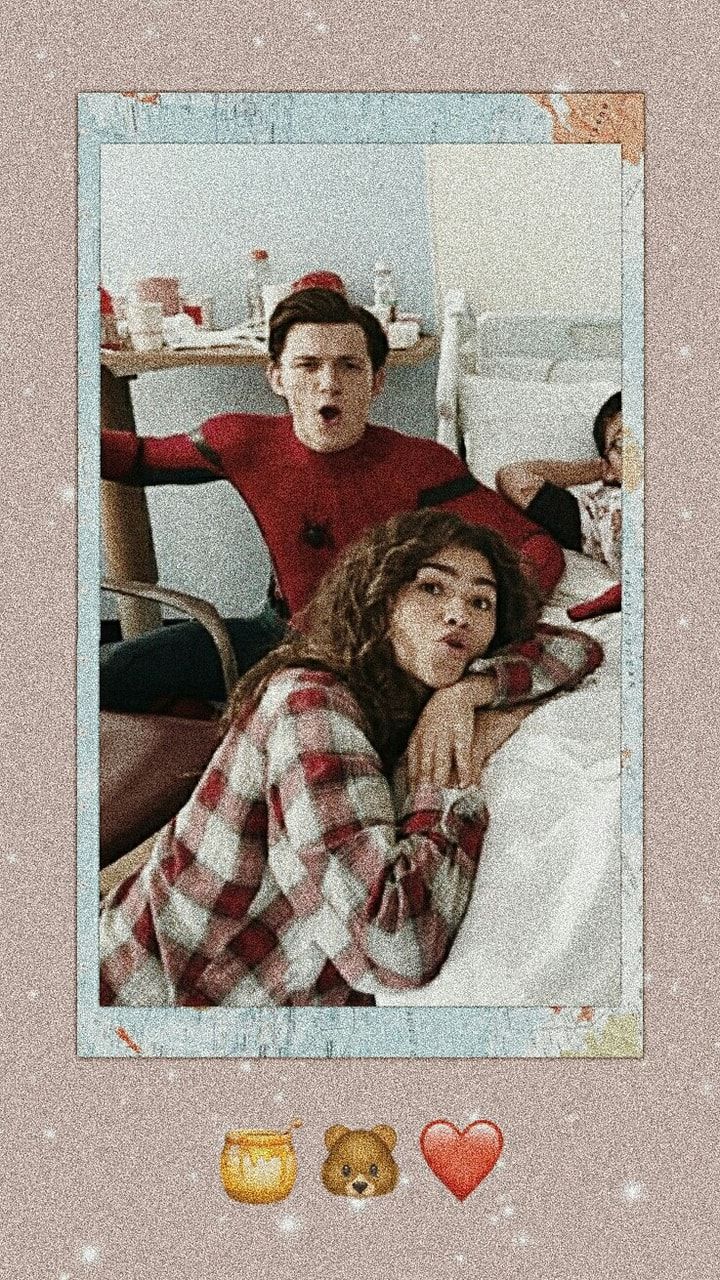 A collage of Tom Holland and Zendaya, with a polaroid frame and a bear and heart sticker. - Tom Holland, Zendaya