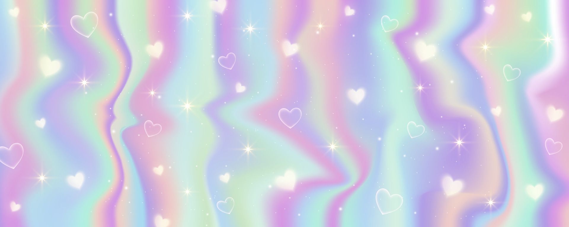A colorful rainbow background with white hearts and stars - Iridescent
