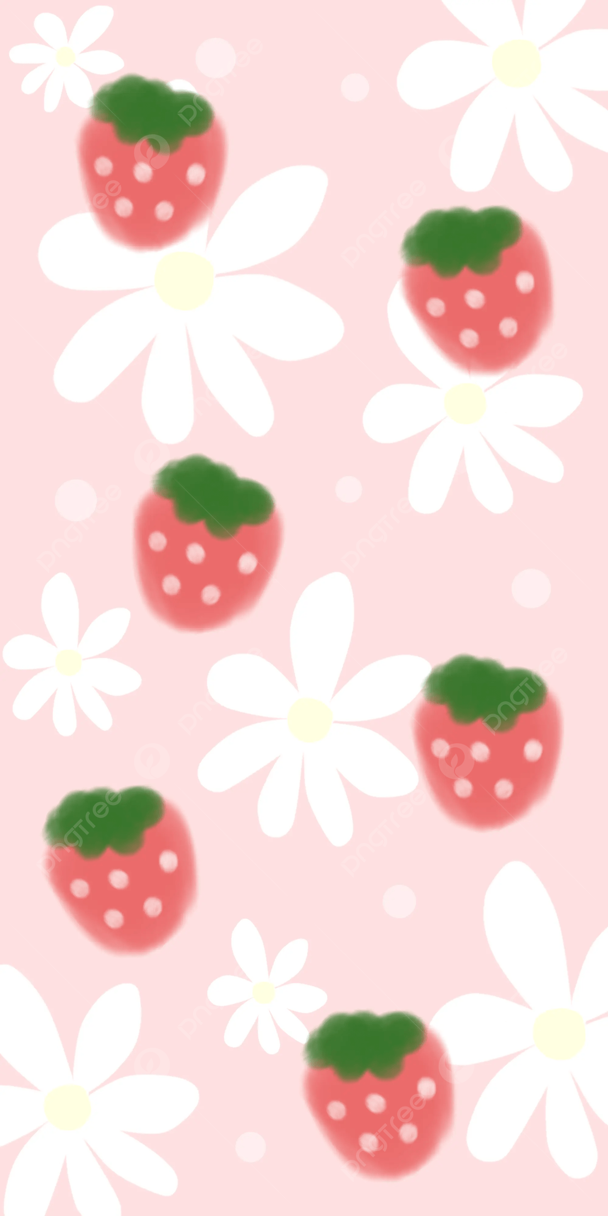 A phone wallpaper with strawberries and daisies on a pink background - Strawberry