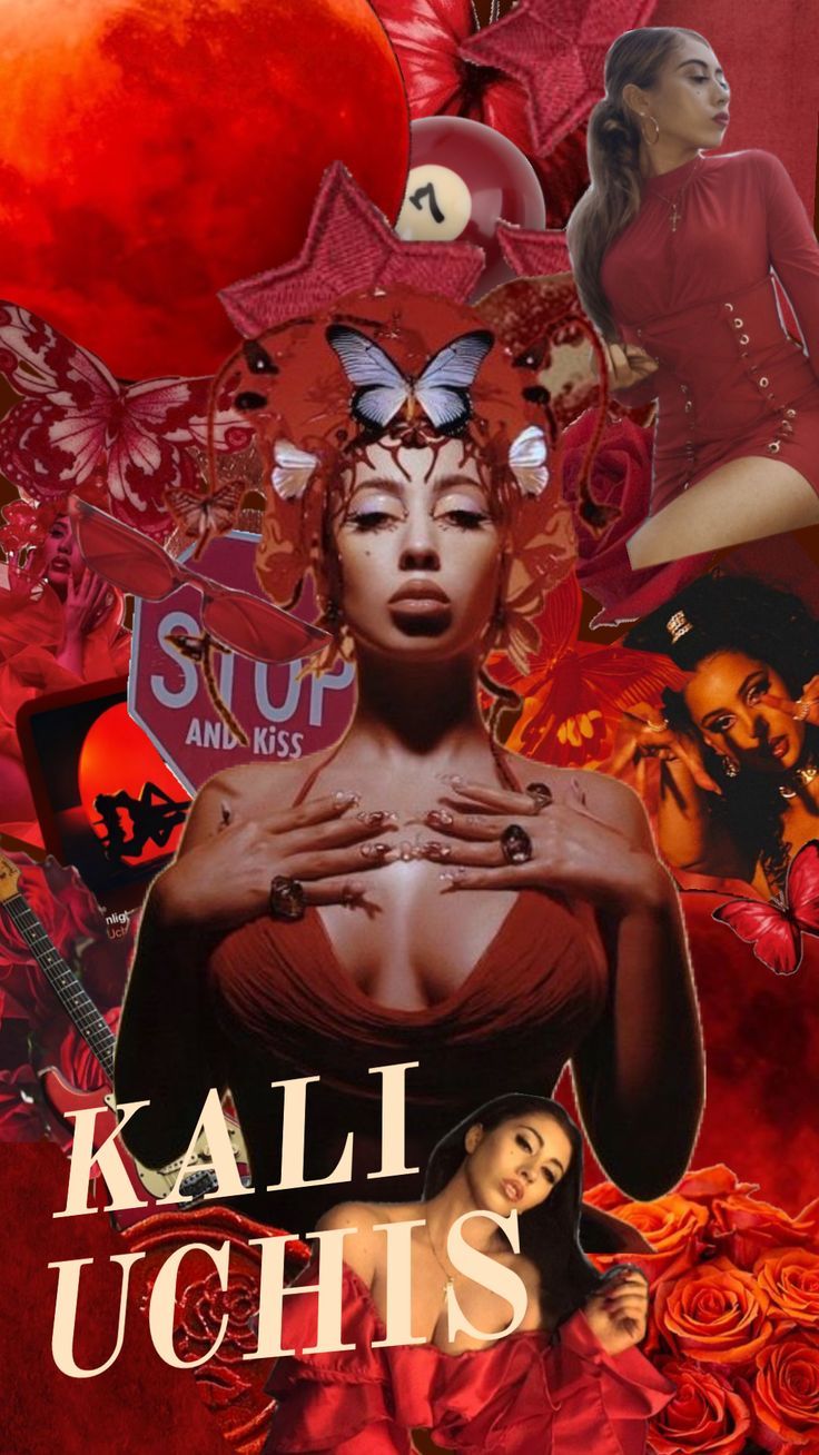 A collage of Kali Uchis with red elements such as roses and a red moon. - Kali Uchis