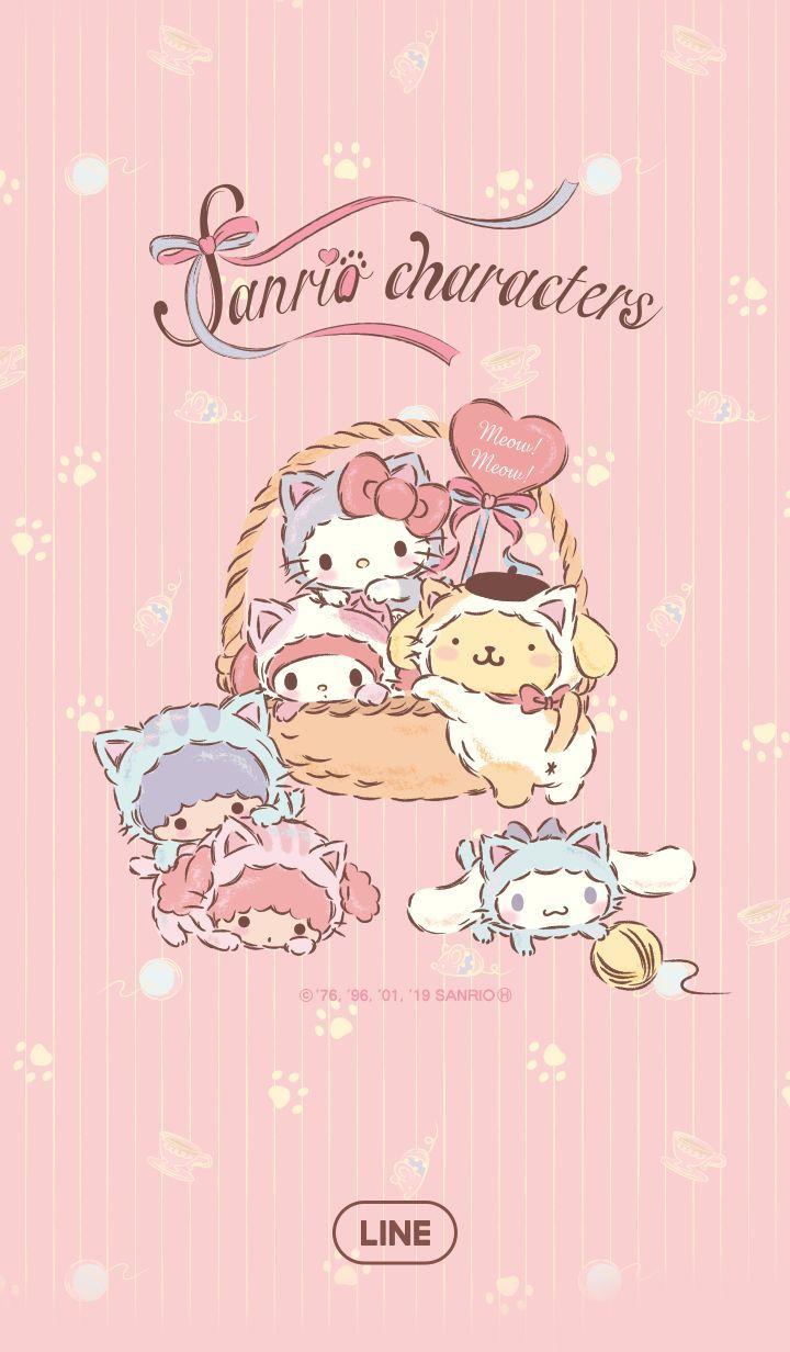 A basket of Sanrio characters including My Melody, Cinnamoroll, and Kuromi. - Sanrio