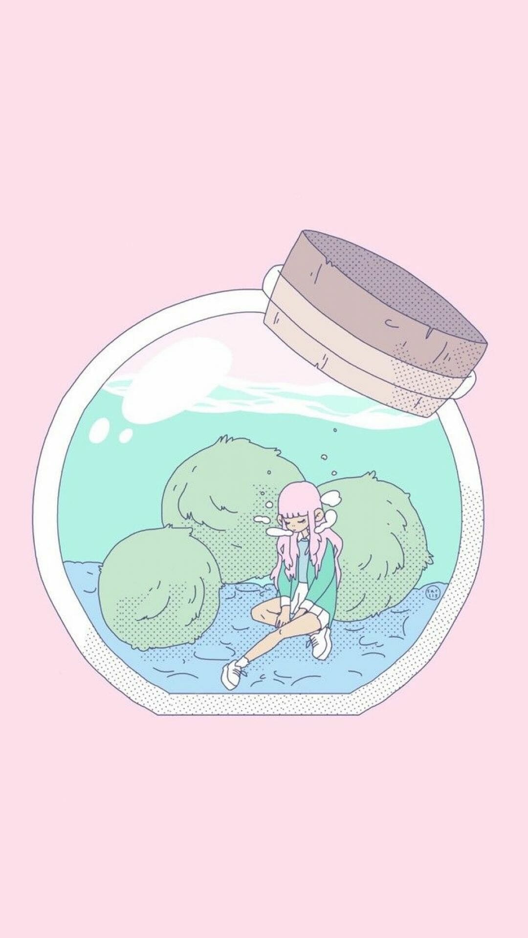A cartoon of anime girl sitting in the jar - Pastel, kawaii, anime, pastel green