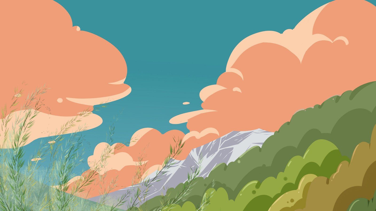A digital illustration of a landscape with a mountain range, pink clouds, and a blue sky. - Nature