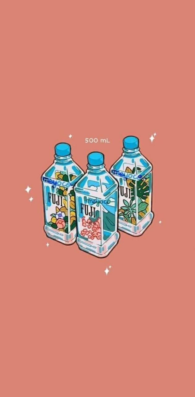 Aesthetic background of three Fiji water bottles on a pink background - Kawaii