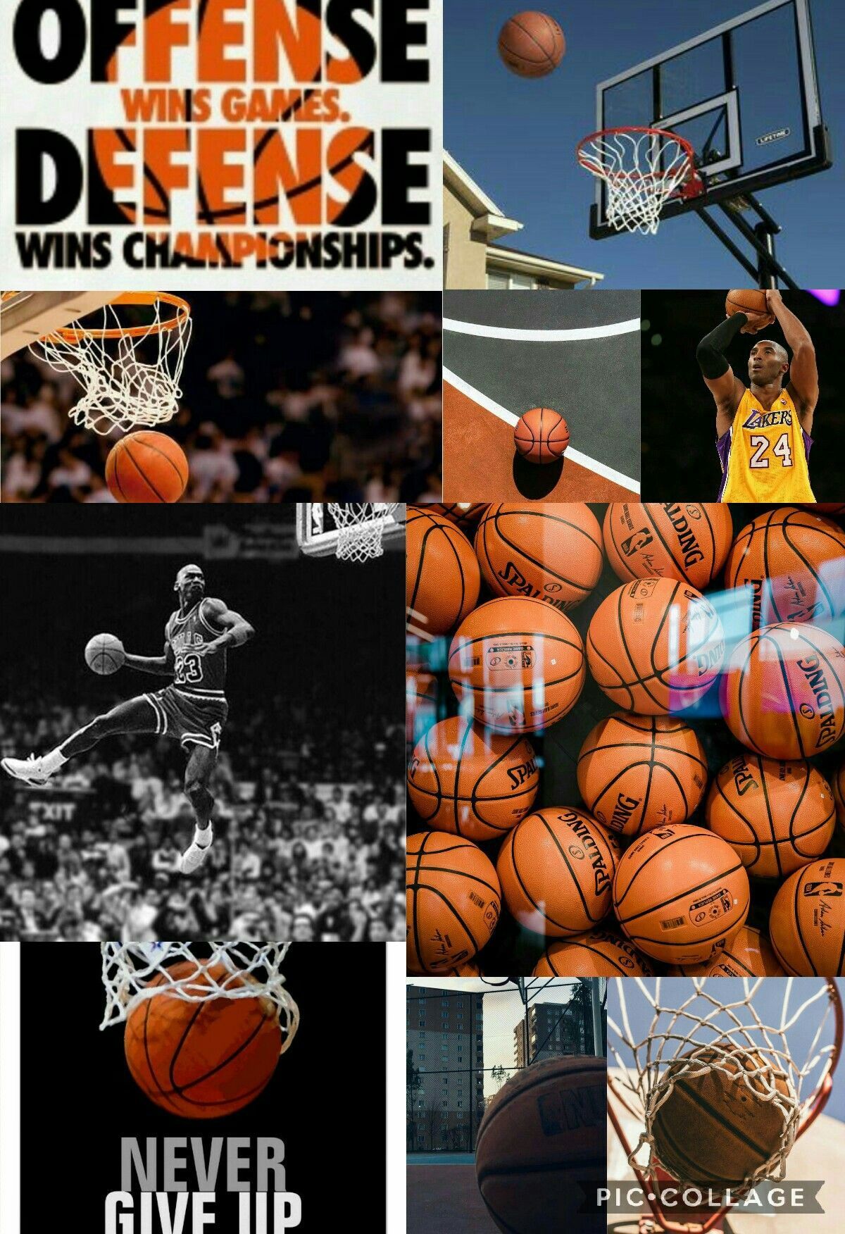 A collage of basketballs, players, and baskets. - Basketball