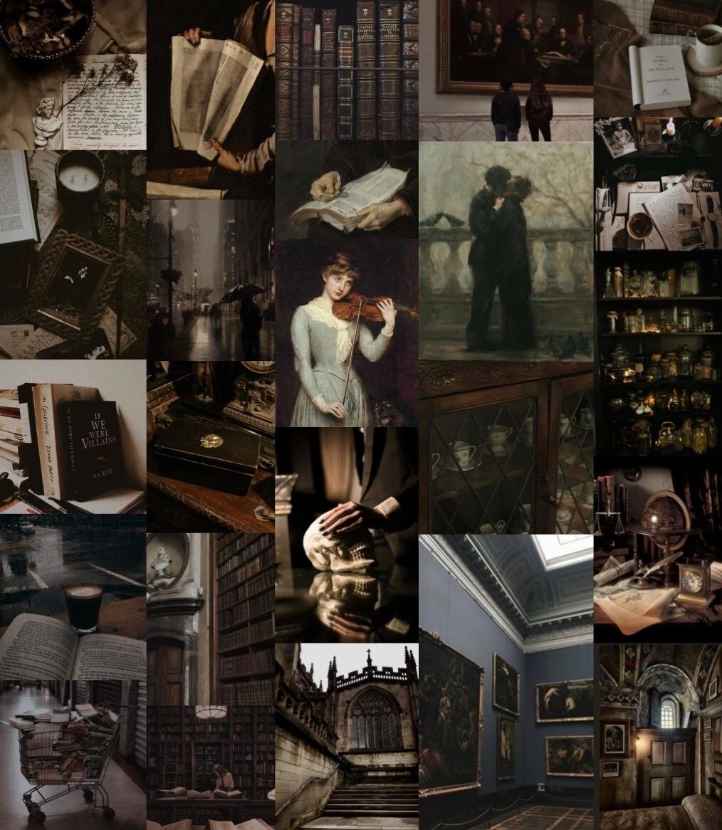 Aesthetic collage of dark academia, featuring books, a library, and a man playing the violin. - Dark academia