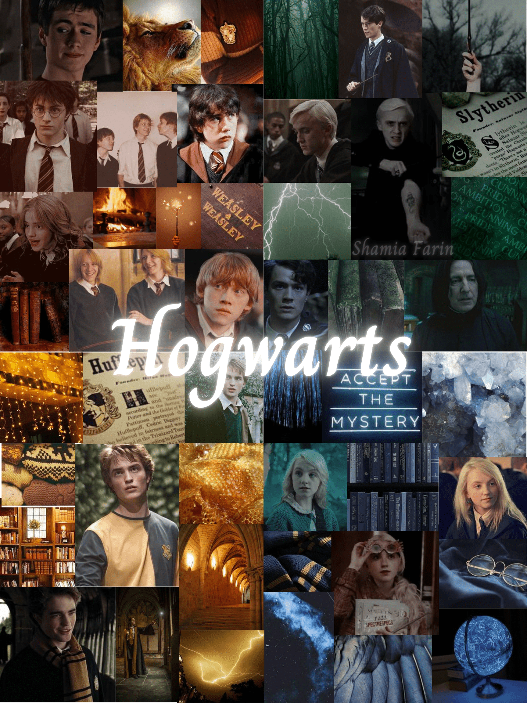 A collage of images from the Harry Potter series, with the word 