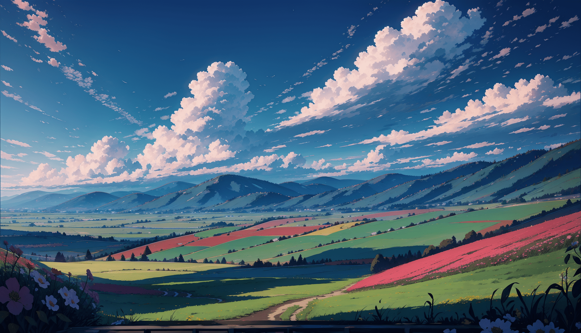 A beautiful anime landscape with a field of flowers and clouds in the sky - Mountain