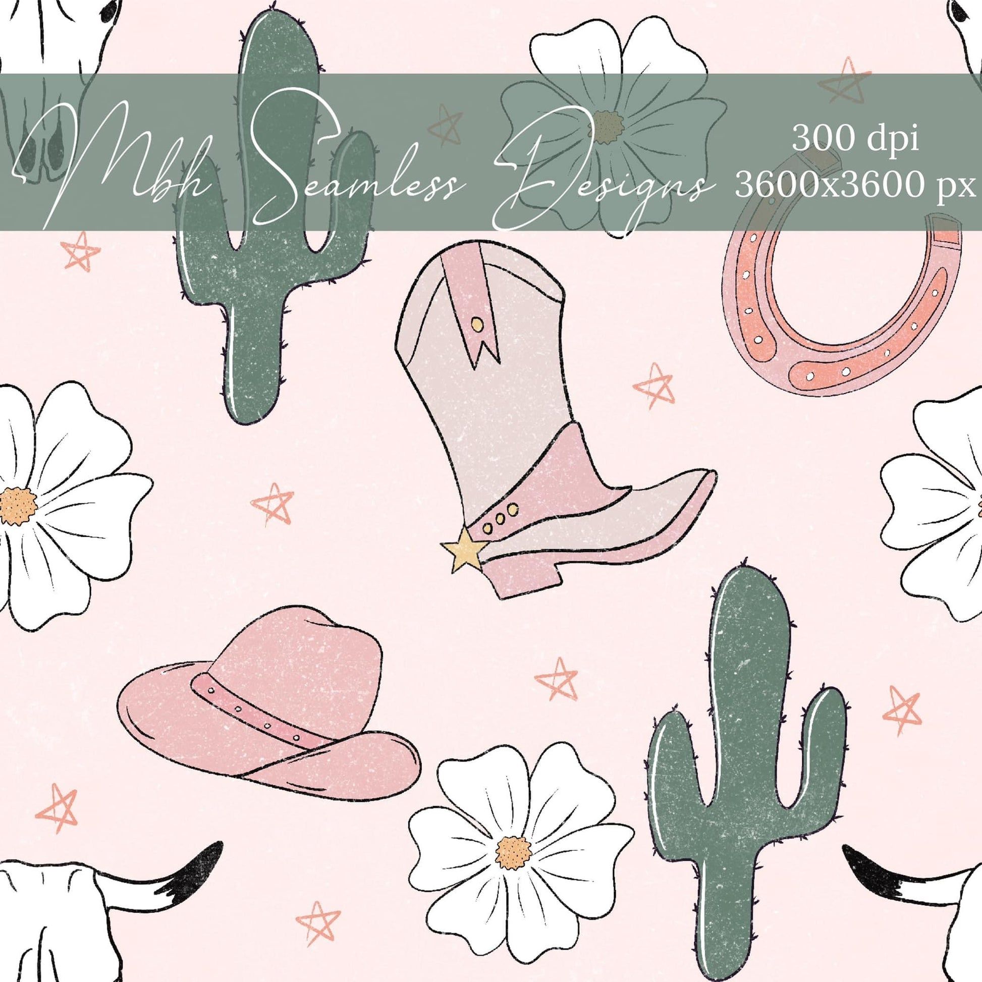 A seamless pattern with cowboy boots, hat, cactus, horseshoe and flowers. - Cowgirl
