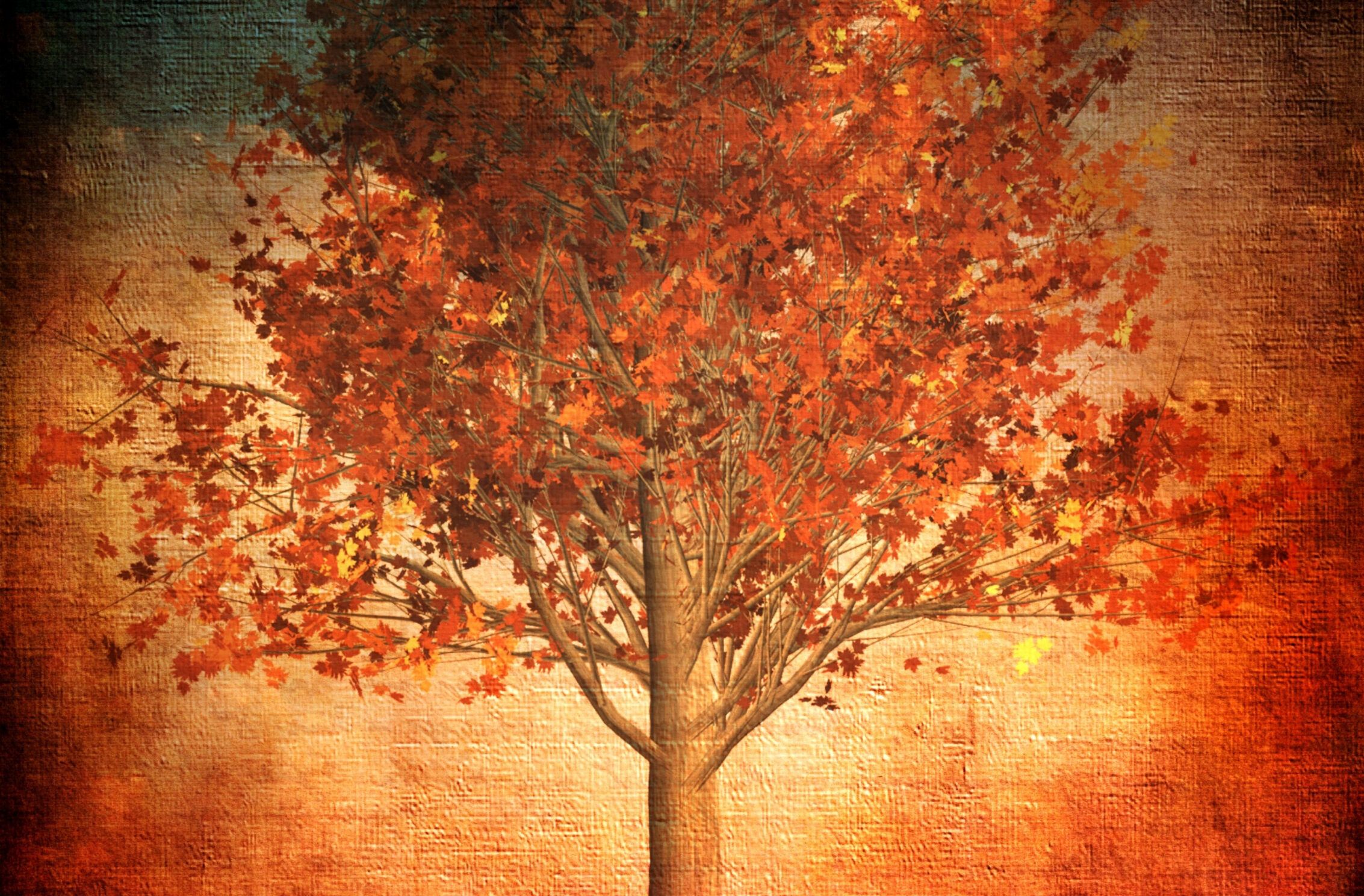 A tree with orange leaves in front of a textured background. - Nature