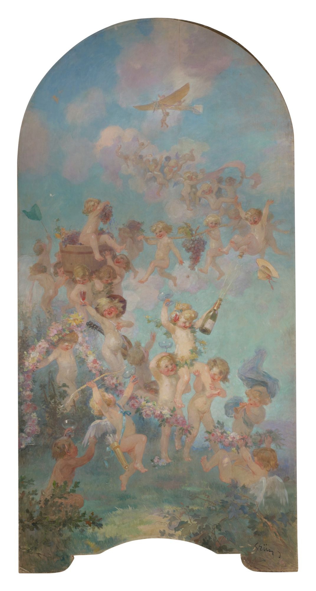 A painting of a group of cherubs playing with flowers and a bottle of champagne. - Angels