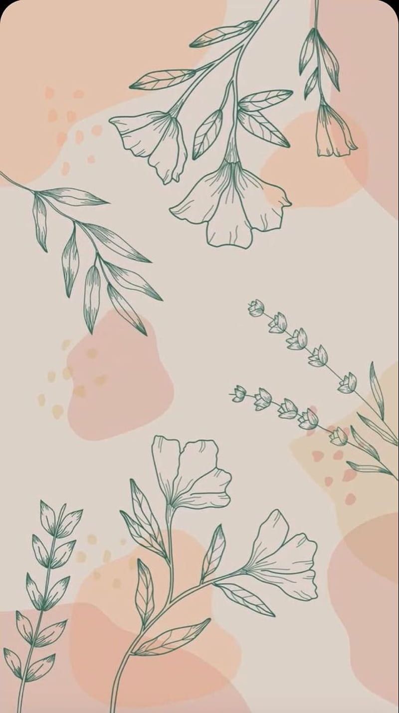 Aesthetic phone wallpaper with flowers and leaves on a pink and beige background. Description: Home Screen Background in 2022. Art, Abstract, Aesthetic iphone, SImple Home, HD phone wallpaper.  - Simple
