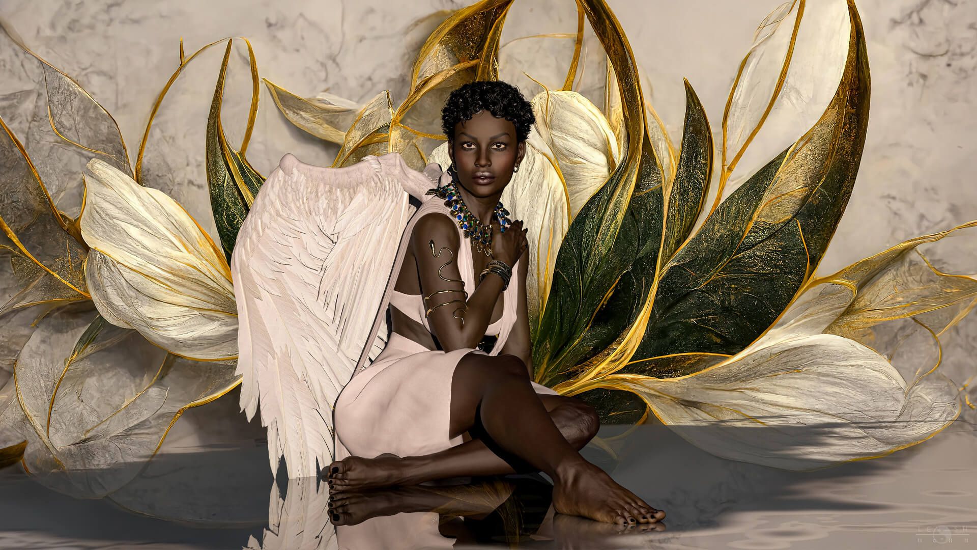 3D fantasy art of a black woman with white wings sitting on a marble floor - Angels