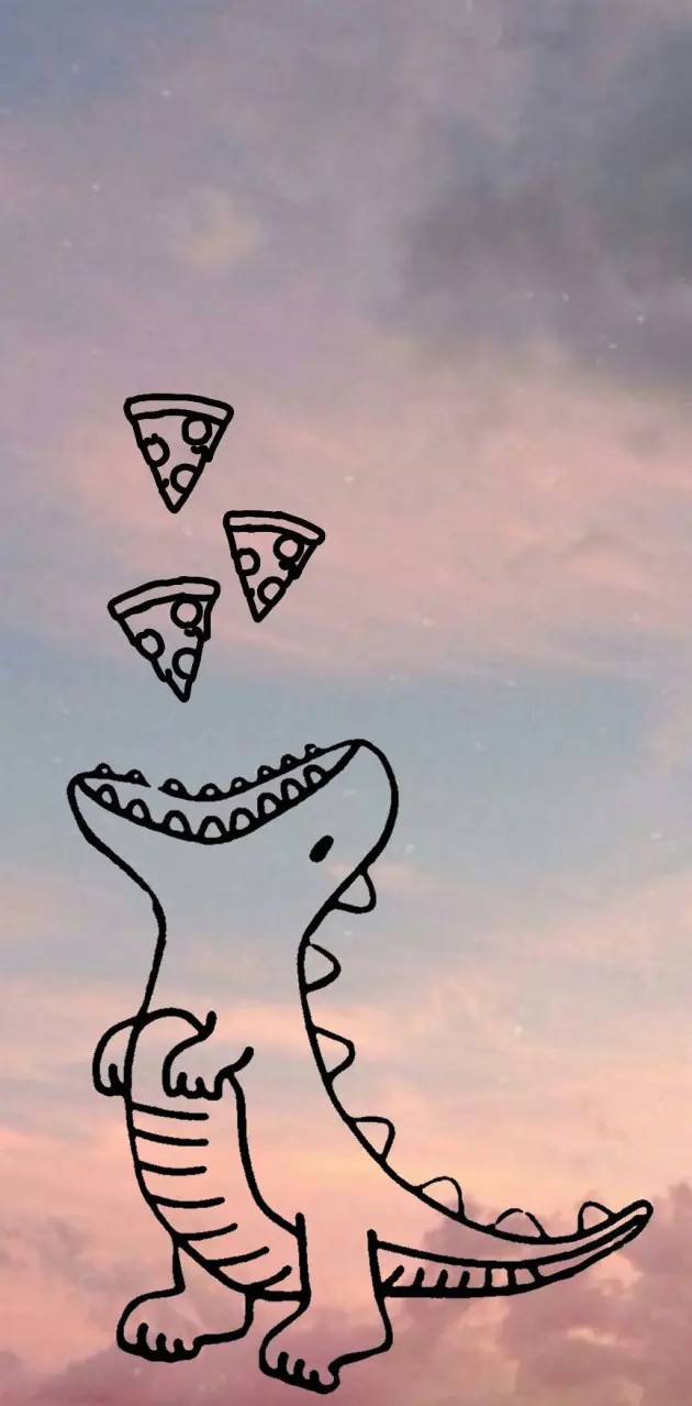 A cartoon dinosaur eating pizza slices in the sky - Dinosaur