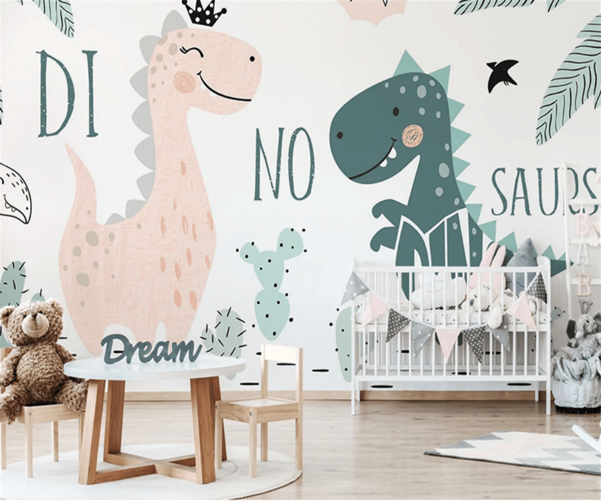 A child's bedroom with a wall mural of two cartoon dinosaurs - Dinosaur