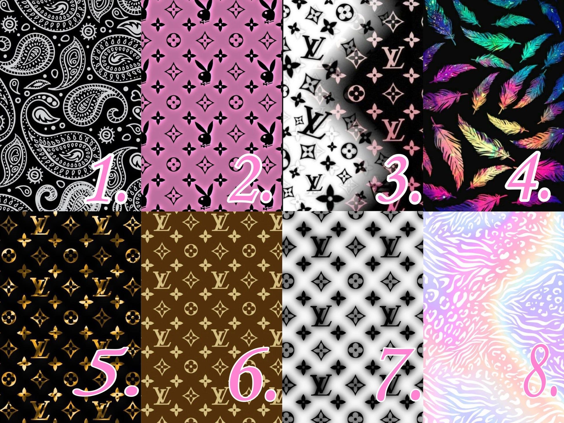 A collage of different patterns including Louis Vuitton, paisley, feathers, and more. - Louis Vuitton