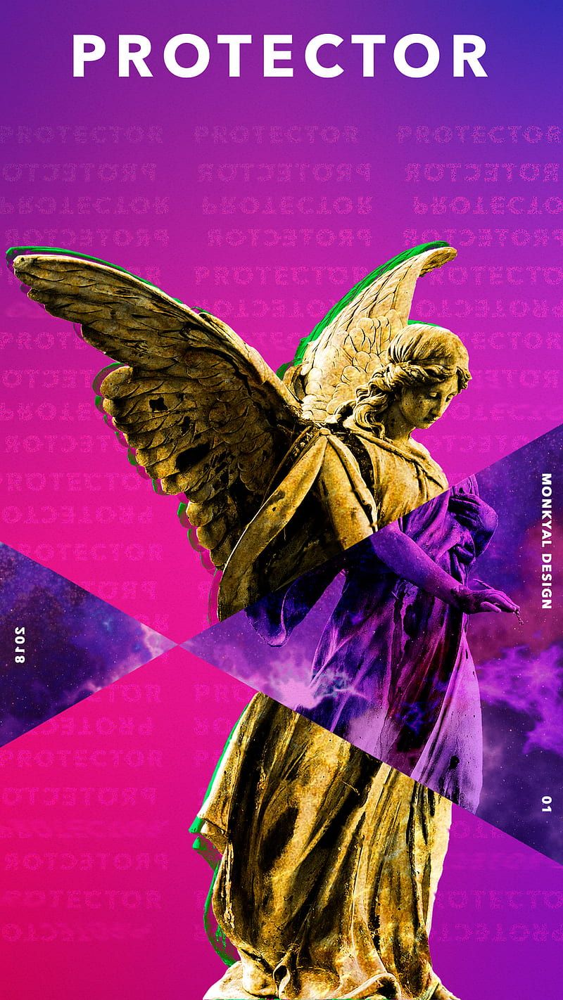 A purple and gold angel statue on a pink and purple background - Angels