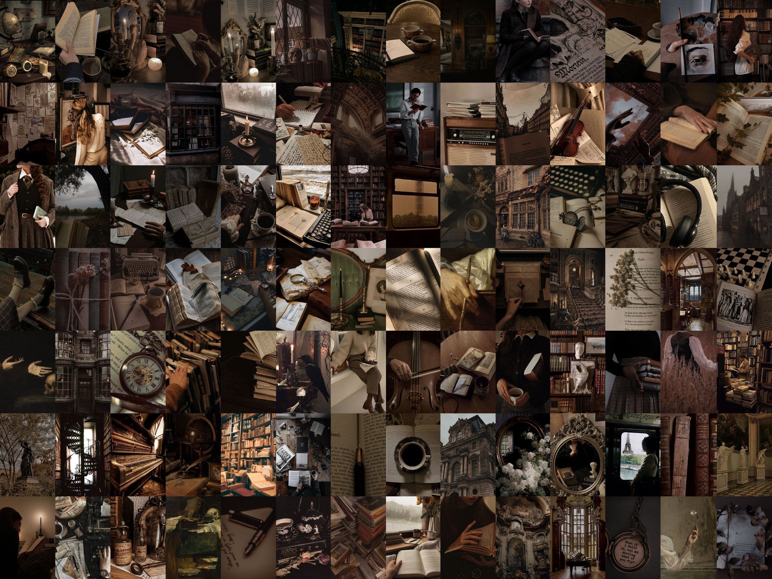 A collage of 60 photos of books, clocks, and other objects in a brown aesthetic. - Dark academia