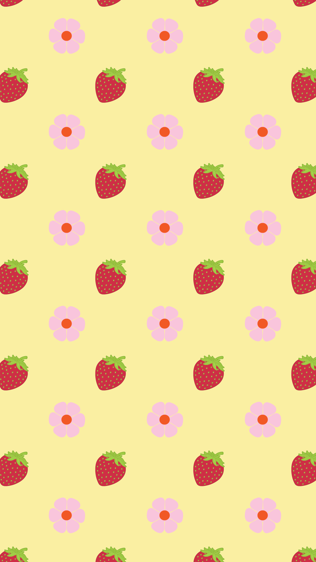 A yellow wallpaper with strawberries and pink flowers - Strawberry