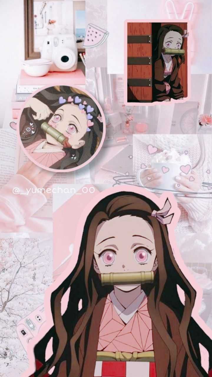 Aesthetic anime phone background of Nezuko from Demon Slayer with pink and white elements - Nezuko