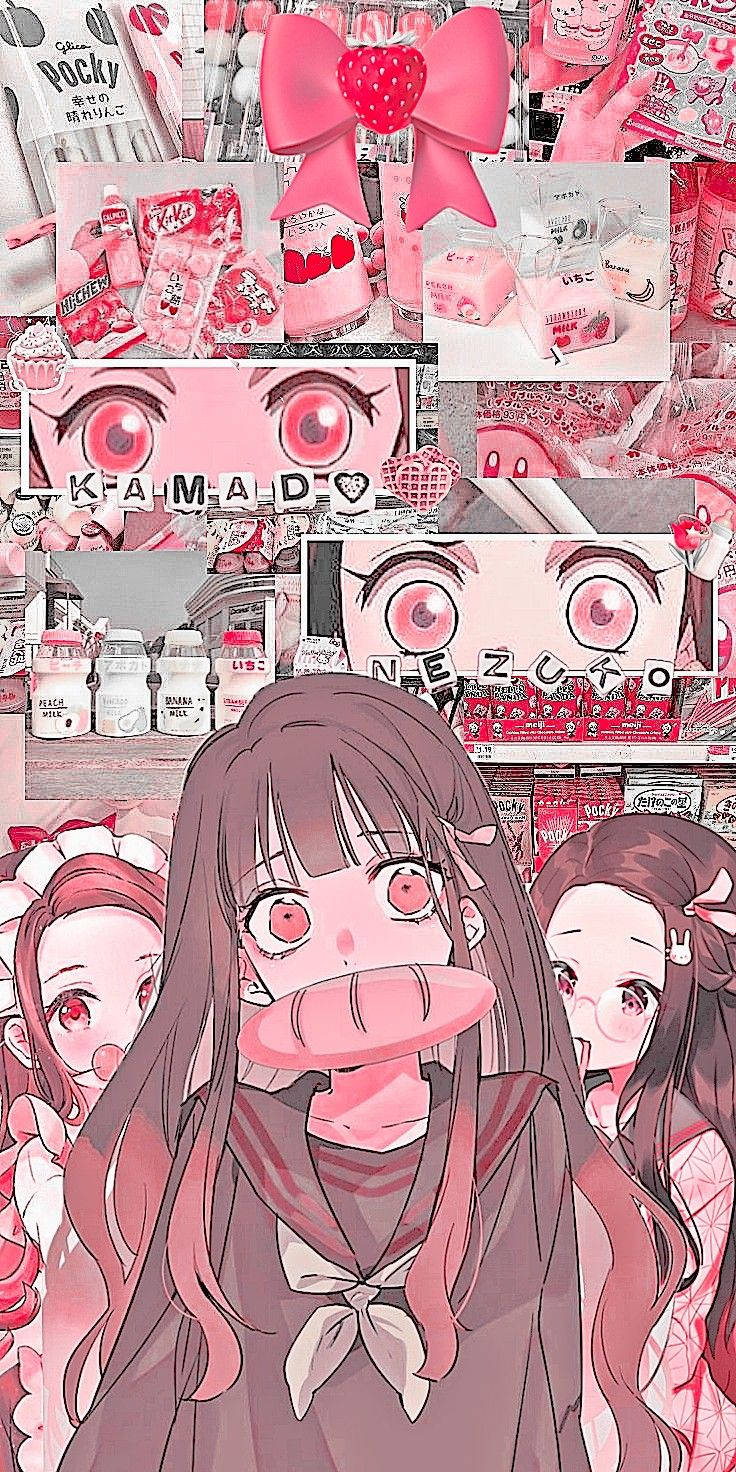 Aesthetic anime background for phone, pink and red. - Nezuko
