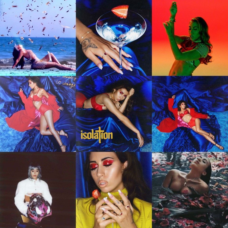 A collage of nine photos of Dua Lipa in different outfits and poses from her album 'Isolation'. - Kali Uchis