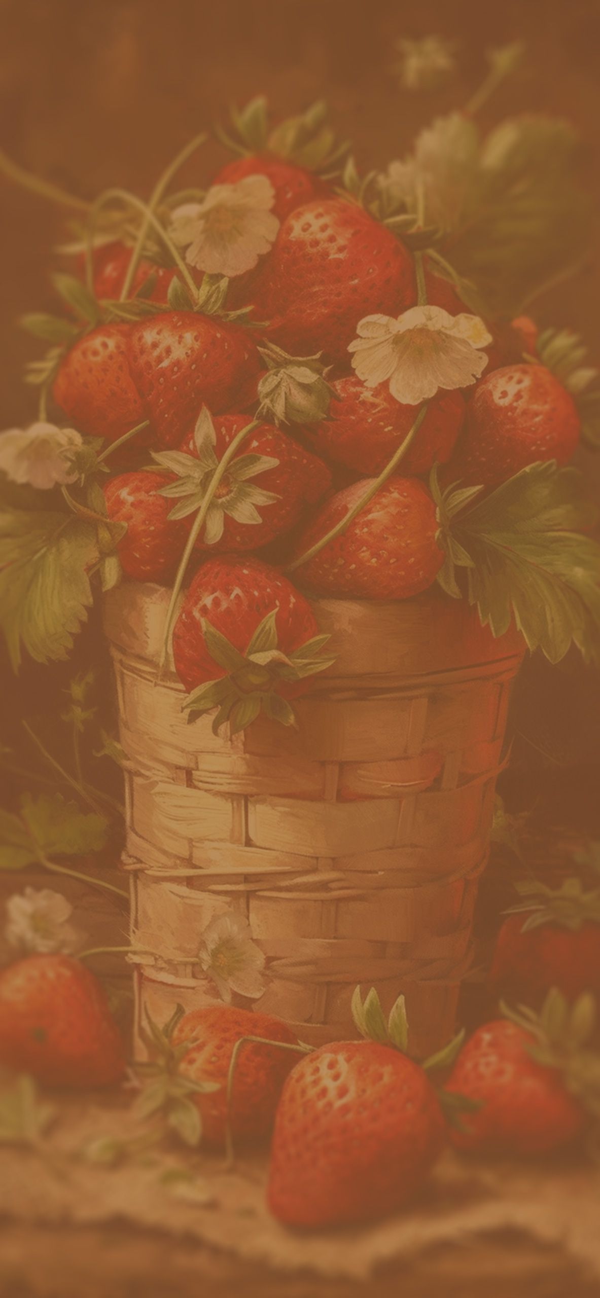 A basket of strawberries with flowers on top. - Strawberry