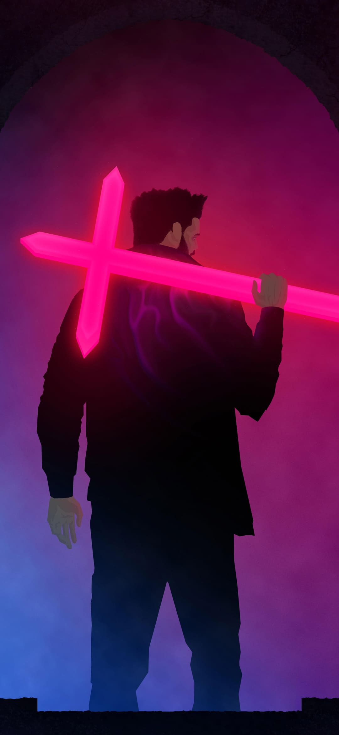 Aesthetic phone wallpaper of a man holding a pink neon sword - The Weeknd