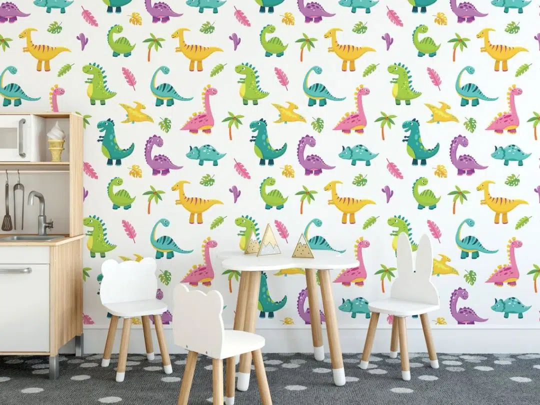 A colorful dinosaur wallpaper in a kids room - Dinosaur