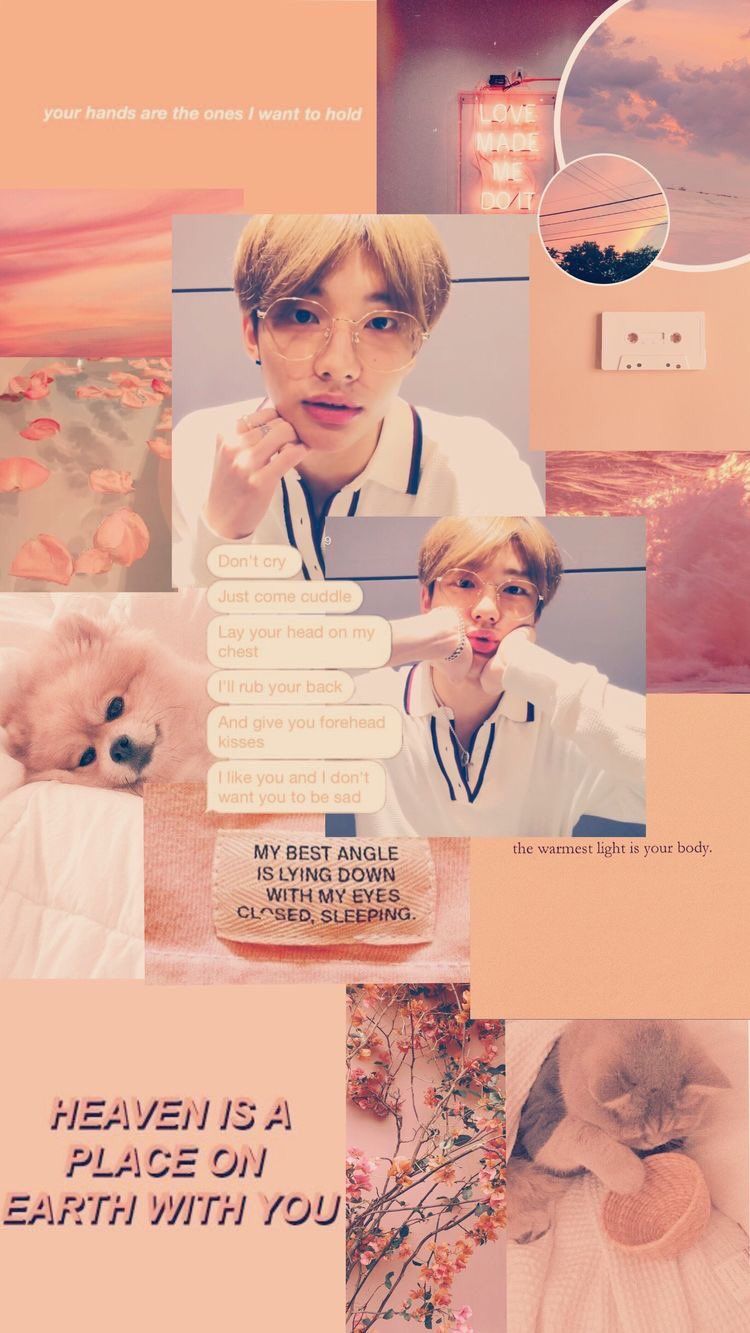 A collage of images of Jungkook from BTS with a pink aesthetic - Peach