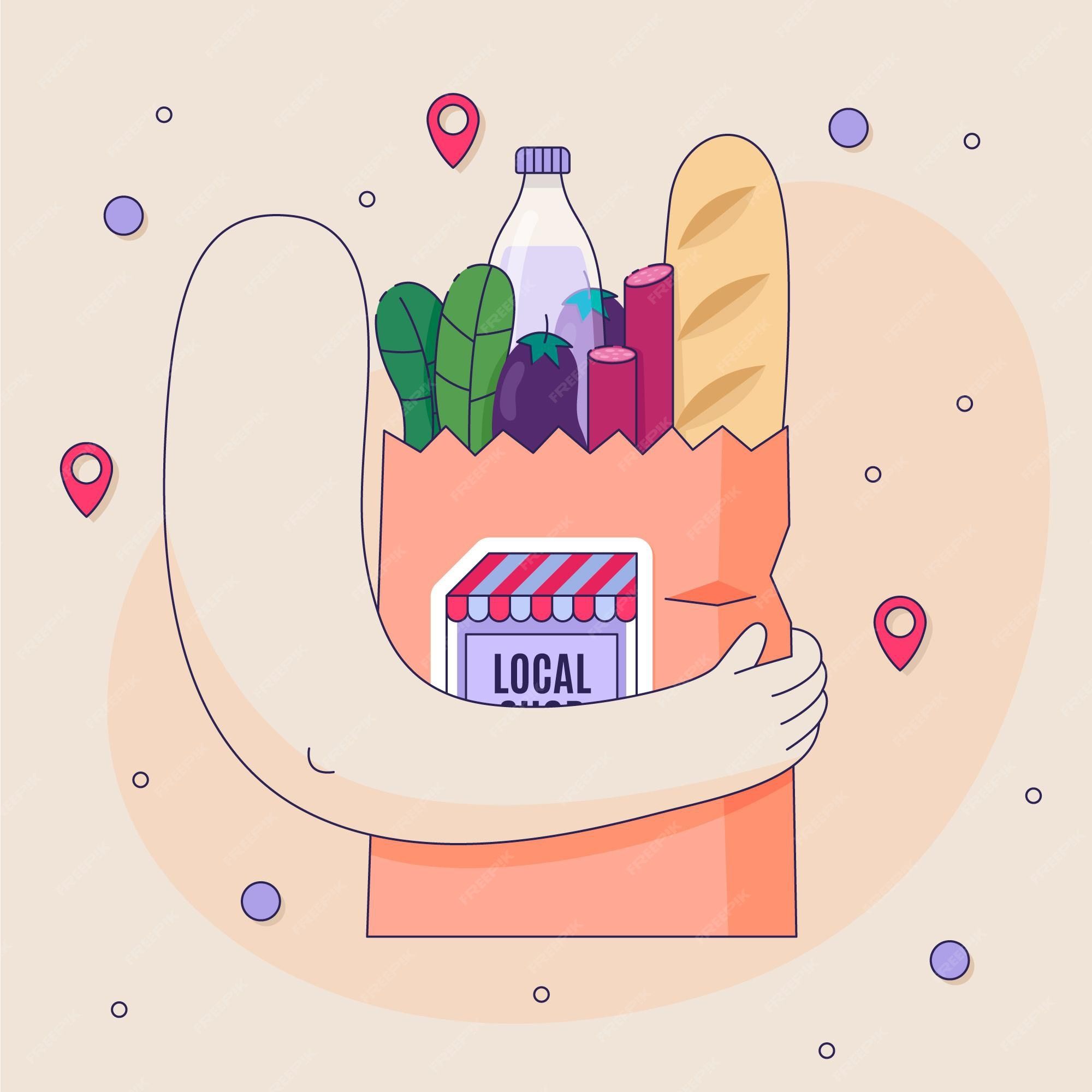 Illustration of a hand holding a bag of groceries with a local store in the middle. - Food