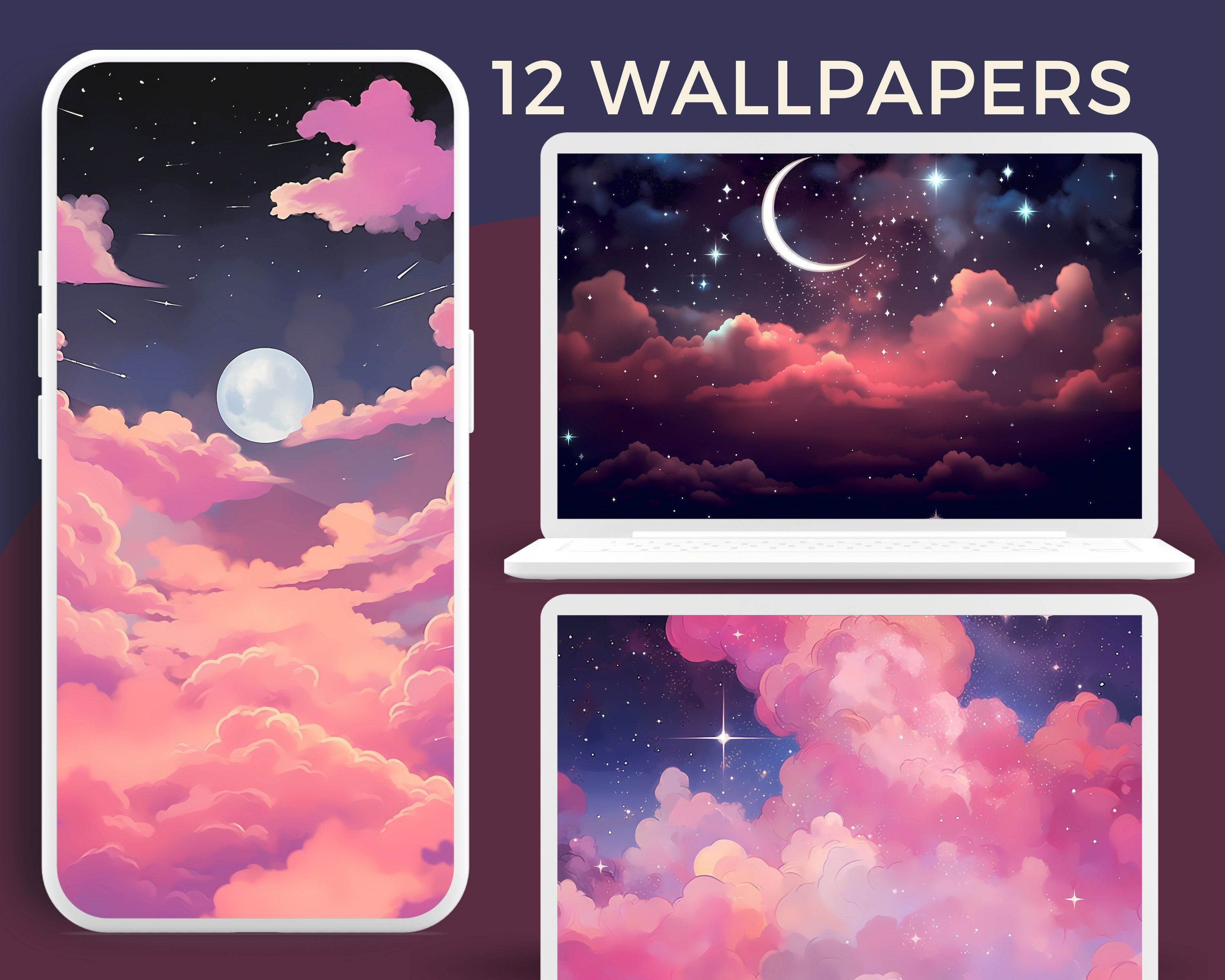 <ref> A phone</ref><box>(28,45),(975,991)</box>, laptop, and tablet each displaying a different wallpaper. - Stars
