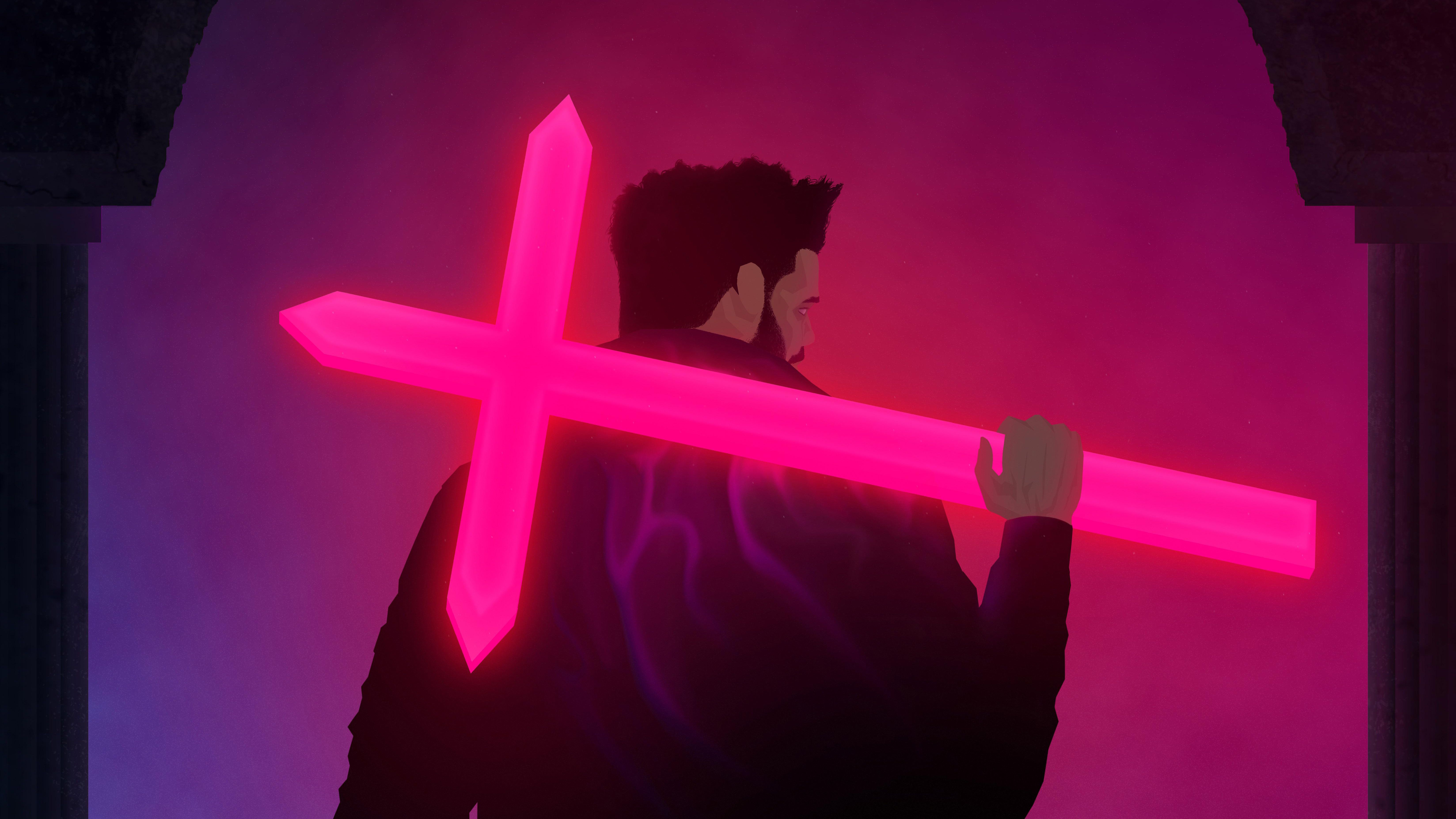 A man with a beard holding a glowing pink cross over his shoulder. - The Weeknd