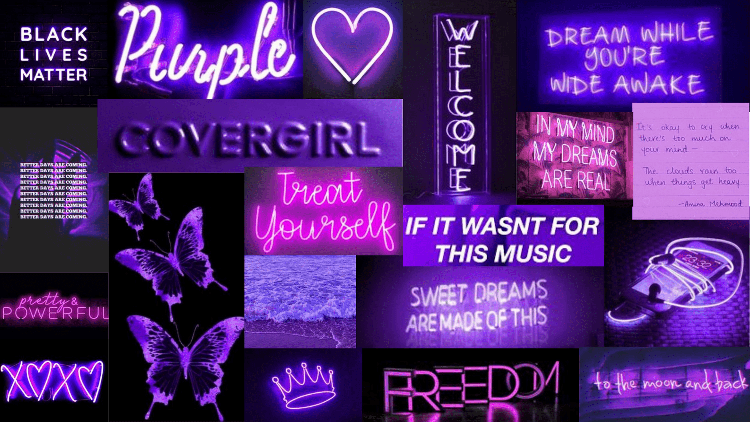 A purple aesthetic background with neon signs, butterflies, and motivational quotes. - Neon purple