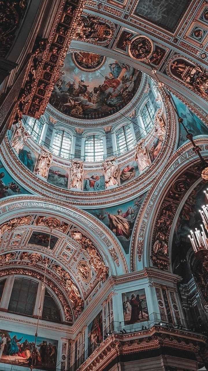 The ceiling of a church with many paintings on it - Dark academia
