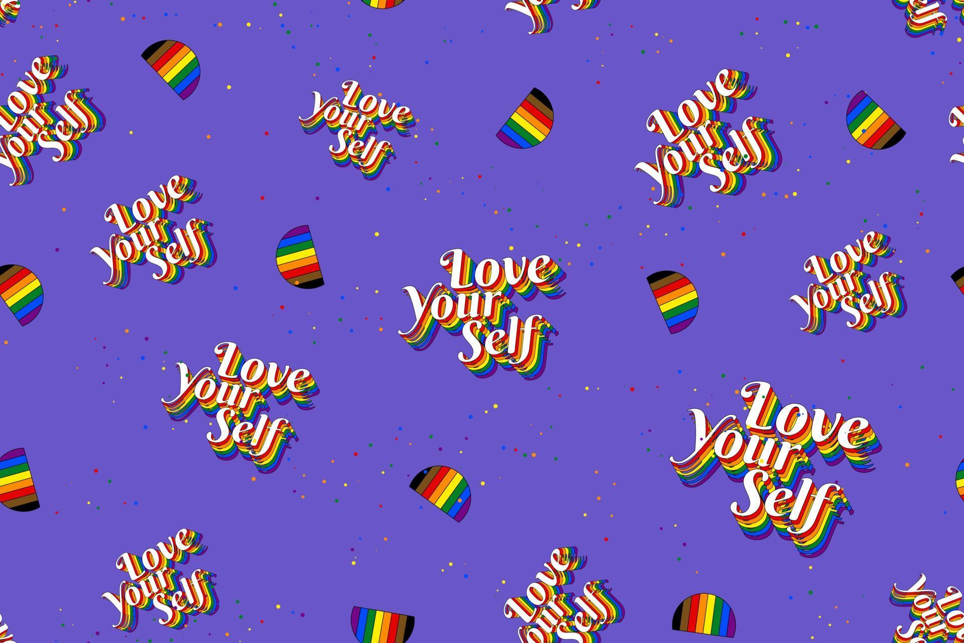 Love yourself Seamless pattern typographic design in lgbt pride flag rainbow color for pride month, celebrated in June. Perfect for background, fabric, wrapping, wallpaper, posters, covers. Vector