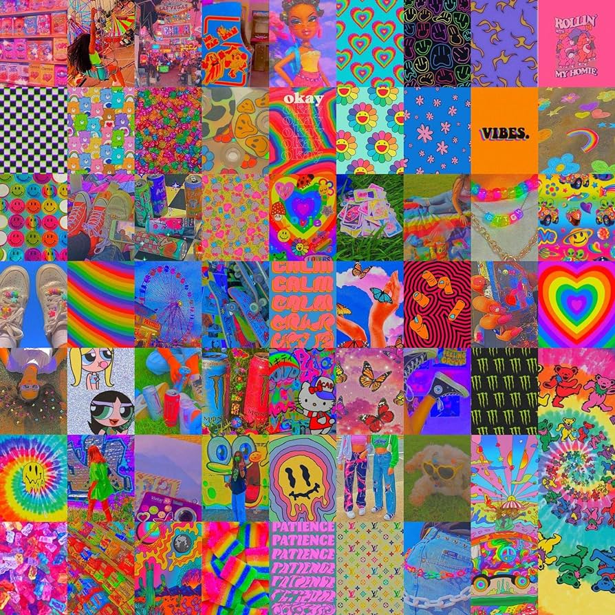 A colorful collage of images, including rainbows, smiley faces, and abstract patterns. - Kidcore