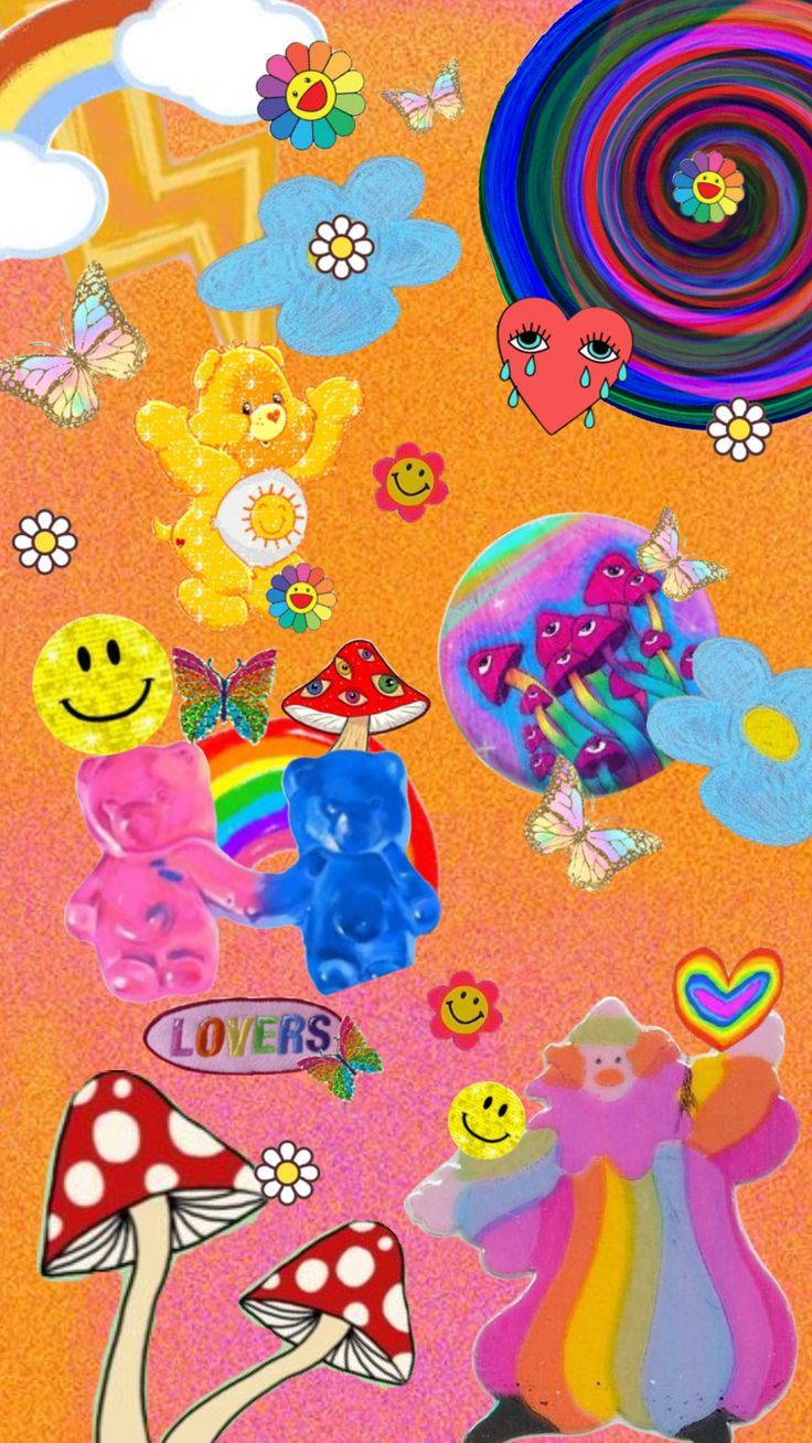 Aesthetic background with mushrooms, smiley faces, and butterflies - Kidcore