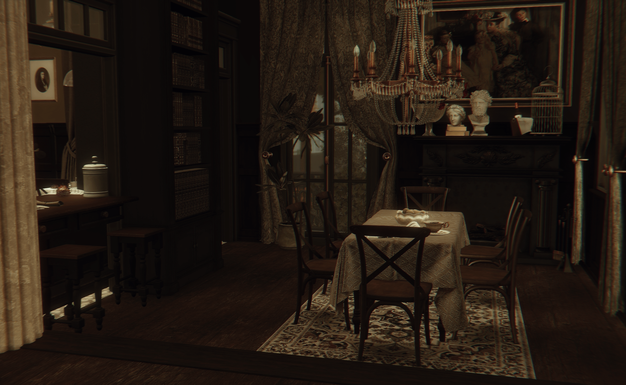 A dimly lit room with a table and chairs - Dark academia