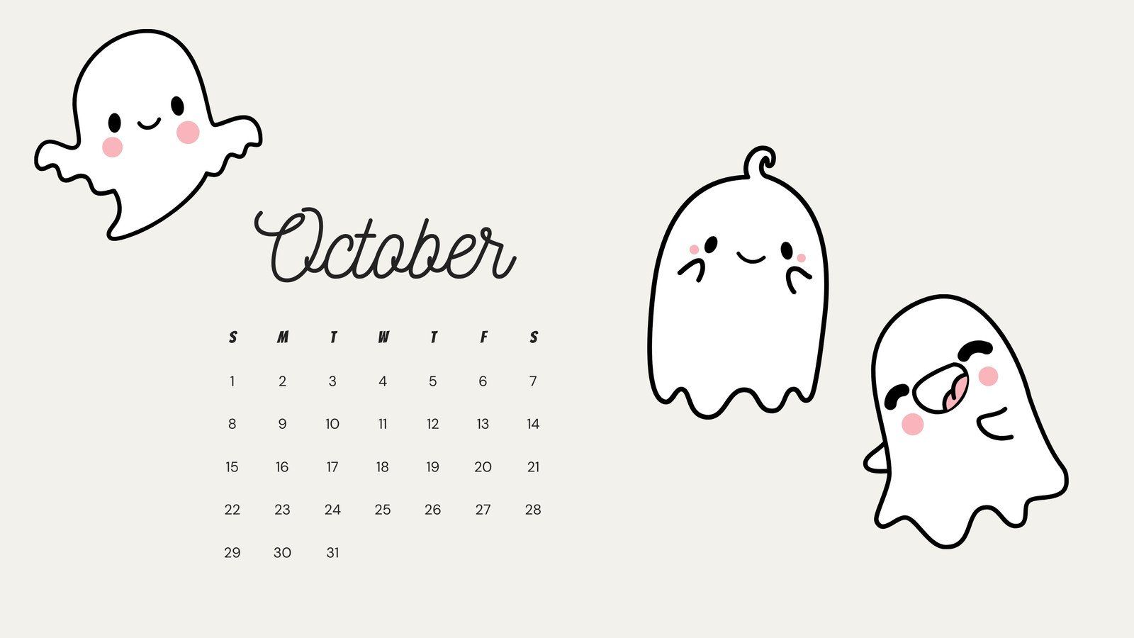 October 2021 calendar with cute ghost illustration. The calendar is in English and starts on Sunday. - Easter